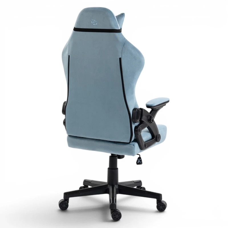 Fotel Gamingowy Delagear G 404 Niebieski Velvet Materiałowy - widok z tyłu w lewym półprofilu.