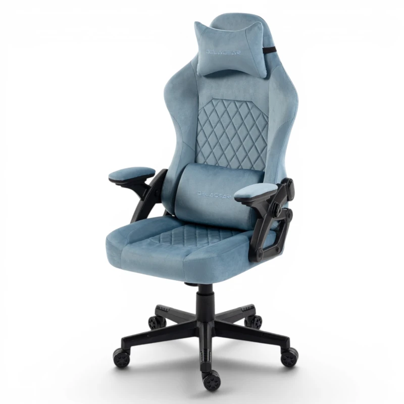 Fotel Gamingowy Delagear G 404 Niebieski Velvet Materiałowy - prawy półprofil z przodu.