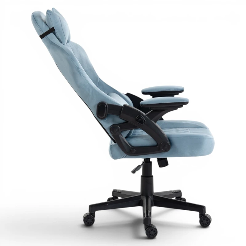 Fotel Gamingowy Delagear G 404 Niebieski Velvet Materiałowy - profil z odchylonym oparciem.