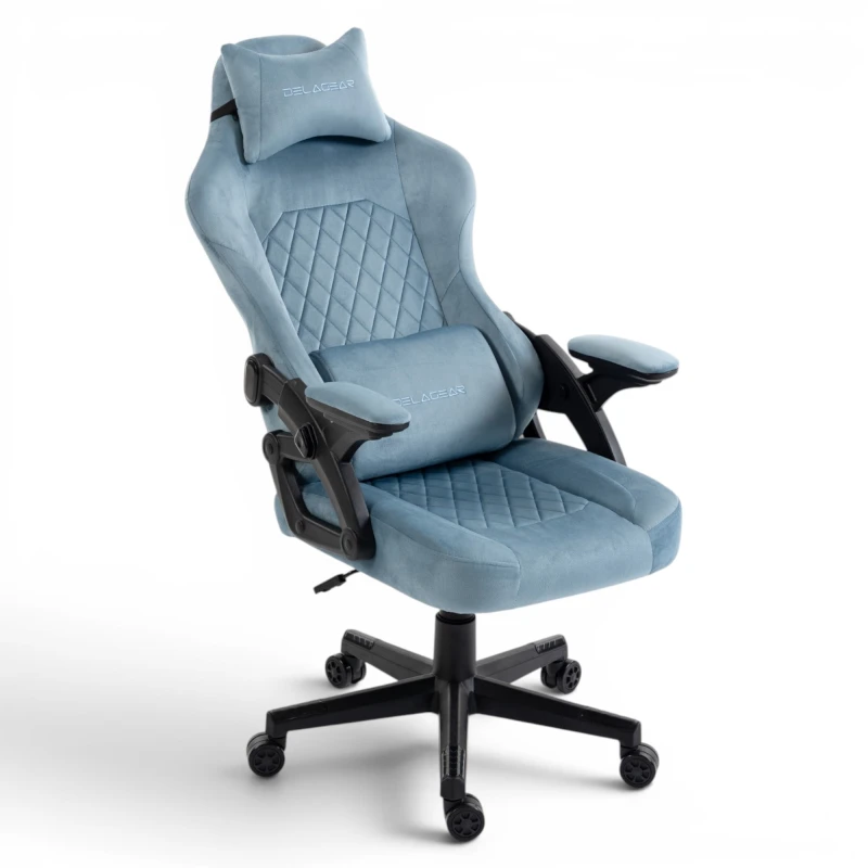 Fotel Gamingowy Delagear G 404 Niebieski Velvet Materiałowy - widok z przodu z poduszką karkową.