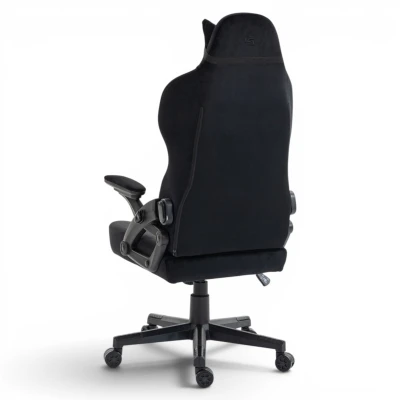 Fotel Gamingowy Delagear G 450 Czarny - tylny prawy półprofil z bocznym mechanizmem podłokietnika.