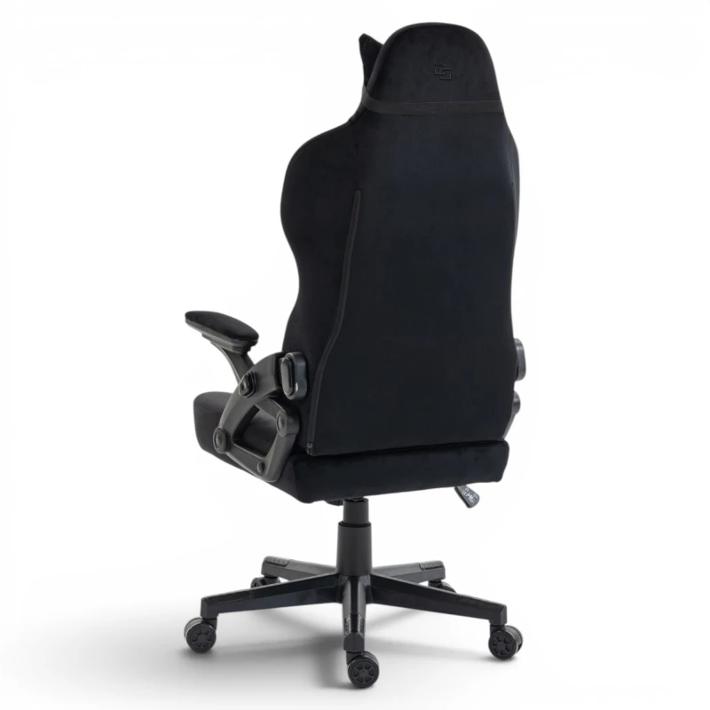 Fotel Gamingowy Delagear G 450 Czarny - tylny prawy półprofil z bocznym mechanizmem podłokietnika.