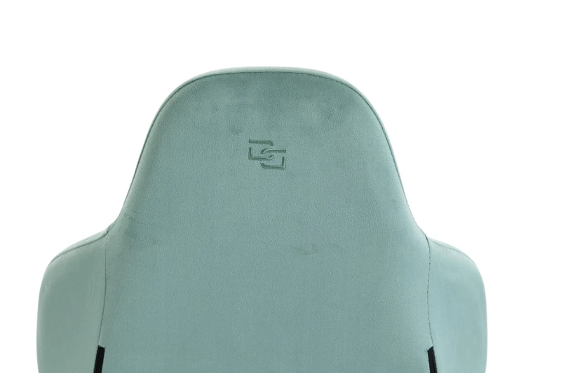 Fotel Gamingowy Delagear G 450 Zielony (17).jpgFotel Gamingowy Delagear G 450 Zielony Materiałowy - zbliżenie na górę oparcia z haftowanym znakiem.