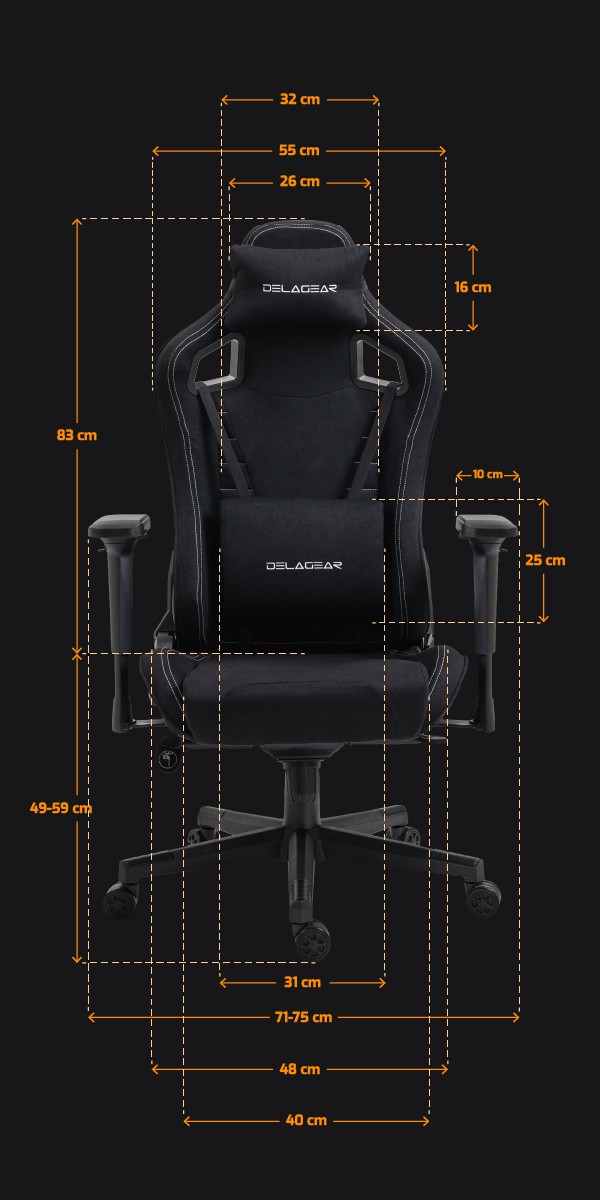 Wymiary Fotel Gamingowy DELAGEAR G 808 Czarny Materiałowy