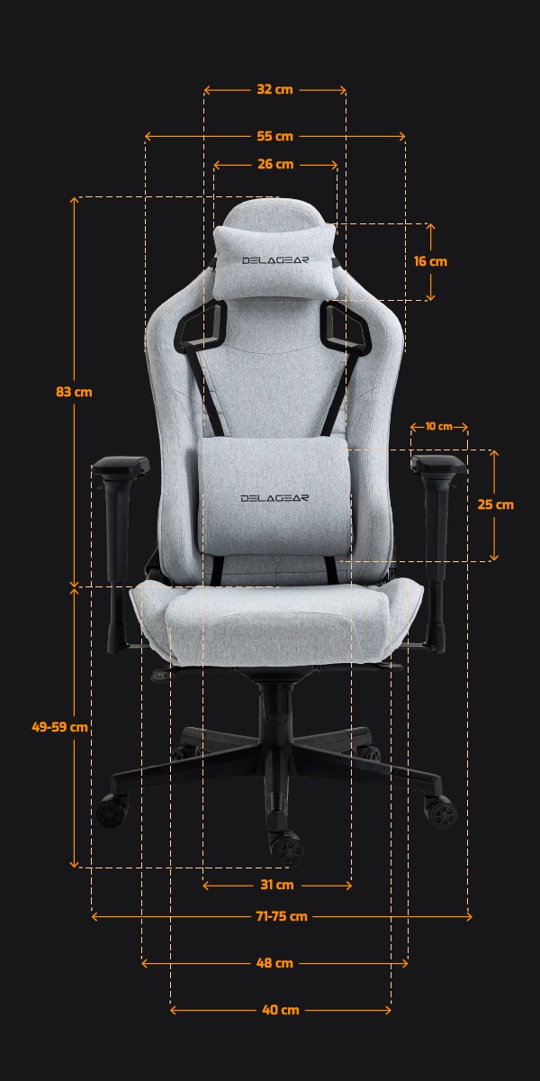 Wymiary Fotel Gamingowy DELAGEAR G 808 Szary Materiałowy 
