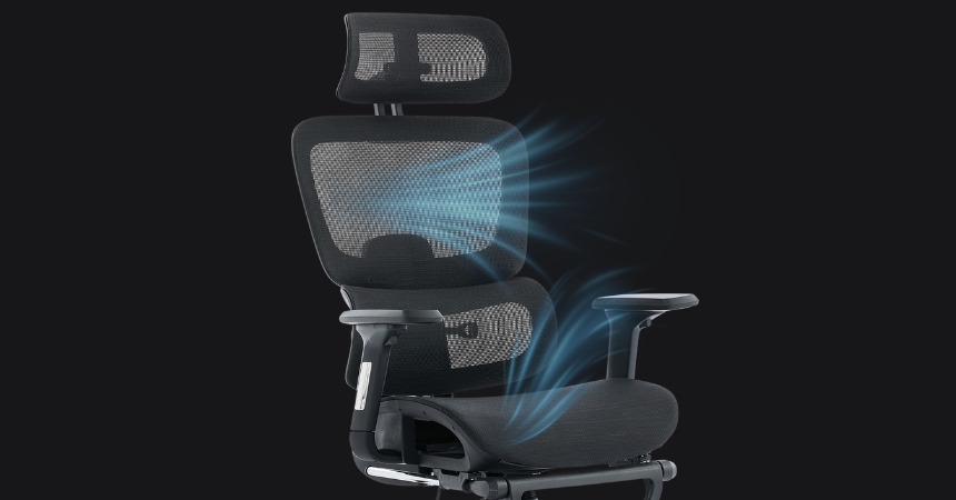 Ergonomiczny fotel DELAGEAR M Pro 750 czarny z siatką mesh zapewniającą swobodny przepływ powietrza i wentylację pleców podczas pracy